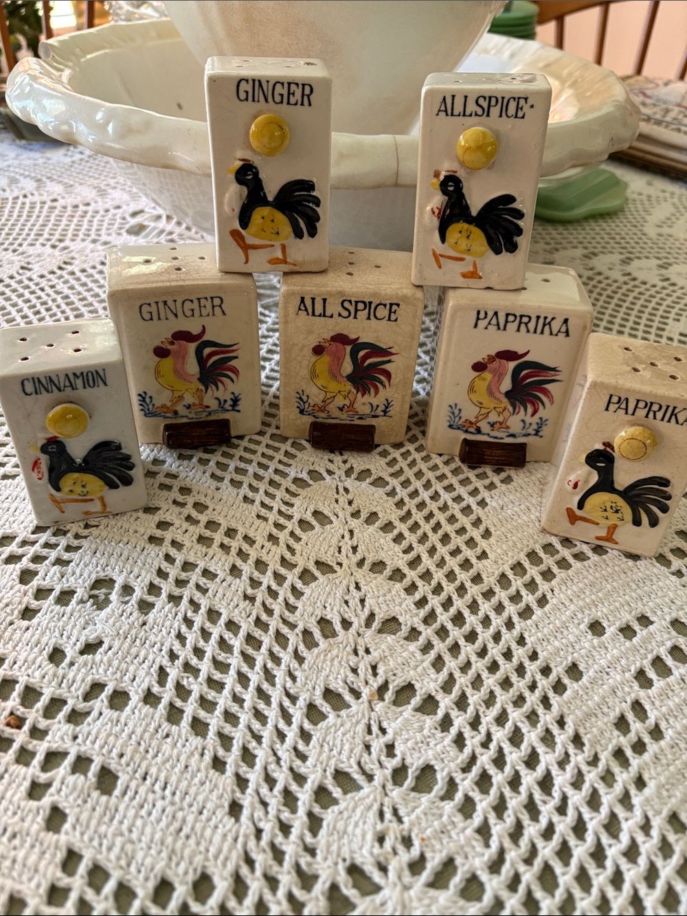 Vintage Rooster Ceramic Spice Shakers Set - White with Yellow Accents